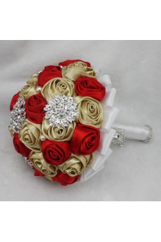 Red and Champagne Satin Wedding Bridal Bouquet with Rhinestone and Imitation Pearls