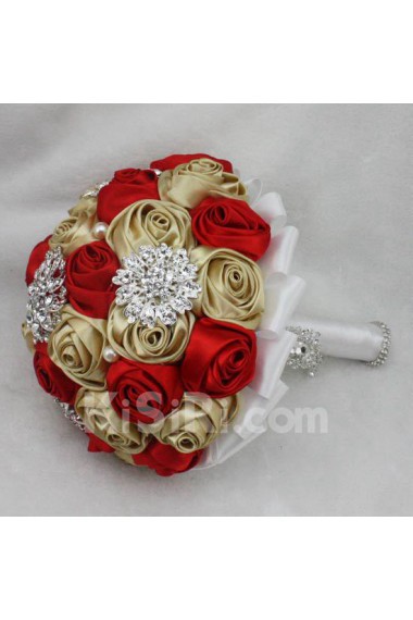 Red and Champagne Satin Wedding Bridal Bouquet with Rhinestone and Imitation Pearls