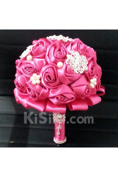 Fuchsia Satin Wedding Bridal Bouquet with Rhinestone and Imitation Pearls