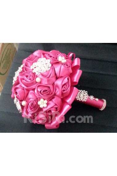 Fuchsia Satin Wedding Bridal Bouquet with Rhinestone and Imitation Pearls