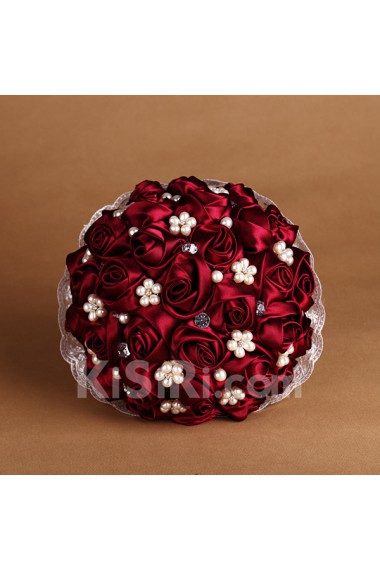 Burgundy Satin Wedding Bridal Bouquet with Imitation Pearls and Rhinestone