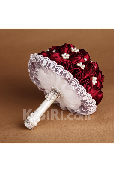 Burgundy Satin Wedding Bridal Bouquet with Imitation Pearls and Rhinestone