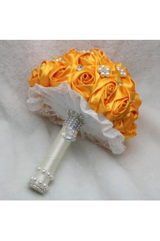 Yellow Satin Wedding Bridal Bouquet with Imitation Pearls and Rhinestone