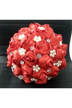 Candy Pink Satin Wedding Bridal Bouquet with Imitation Pearls and Rhinestone