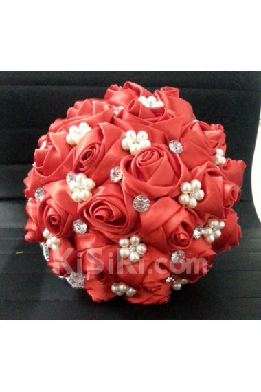 Candy Pink Satin Wedding Bridal Bouquet with Imitation Pearls and Rhinestone