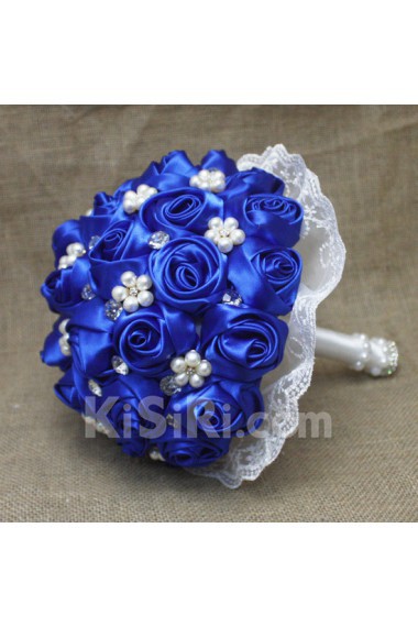 Royal Blue Satin Wedding Bridal Bouquet with Imitation Pearls and Rhinestone