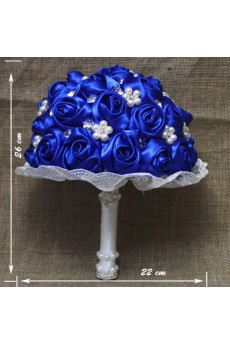 Royal Blue Satin Wedding Bridal Bouquet with Imitation Pearls and Rhinestone