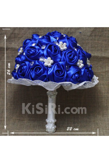 Royal Blue Satin Wedding Bridal Bouquet with Imitation Pearls and Rhinestone