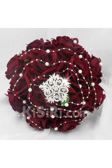 Burgundy Flannel Rose Wedding Bridal Bouquet with Rhinestone and Imitation Pearls