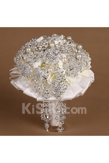 Round Shape Light White and Red Satin Wedding Bridal Bouquet with Rhinestone and Imitation Pearls