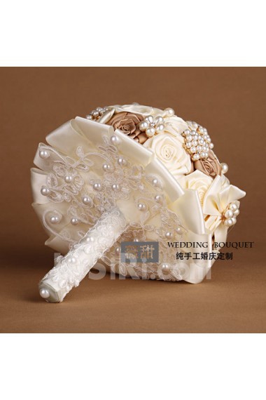 Round Shape Champagne and Light White Satin Wedding Bridal Bouquet with Imitation Pearls