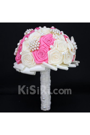 Round Shape Candy Pink and Light White Satin Wedding Bridal Bouquet with Imitation Pearls