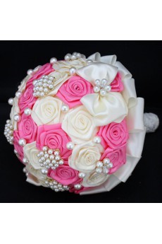 Round Shape Candy Pink and Light White Satin Wedding Bridal Bouquet with Imitation Pearls