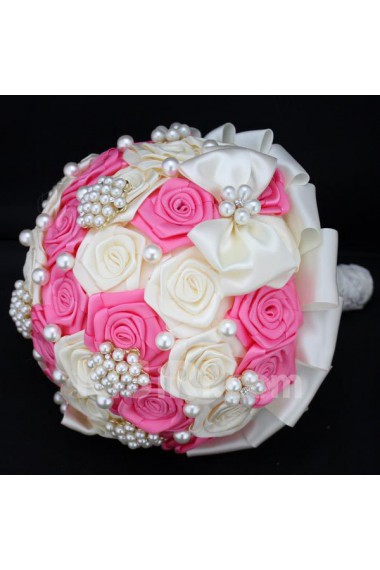 Round Shape Candy Pink and Light White Satin Wedding Bridal Bouquet with Imitation Pearls