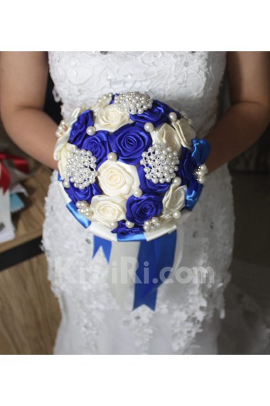 Round Shape Royal Blue and Light White Fabric Wedding Bridal Bouquet with Imitation Pearls and Rhinestone