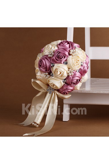 Round Shape Pink and Light White Satin Wedding Bridal Bouquet with Imitation Pearls and Rhinestone