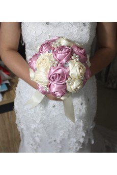 Round Shape Pink and Light White Satin Wedding Bridal Bouquet with Imitation Pearls and Rhinestone