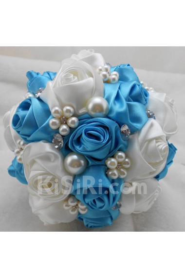 Round Shape Blue-Green and Light White Satin Wedding Bridal Bouquet with Imitation Pearls and Rhinestone