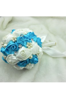 Round Shape Blue-Green and Light White Satin Wedding Bridal Bouquet with Imitation Pearls and Rhinestone