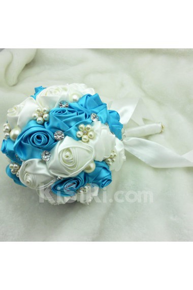 Round Shape Blue-Green and Light White Satin Wedding Bridal Bouquet with Imitation Pearls and Rhinestone