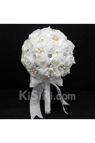 Round Shape Light White Satin Wedding Bridal Bouquet with Imitation Pearls and Rhinestone