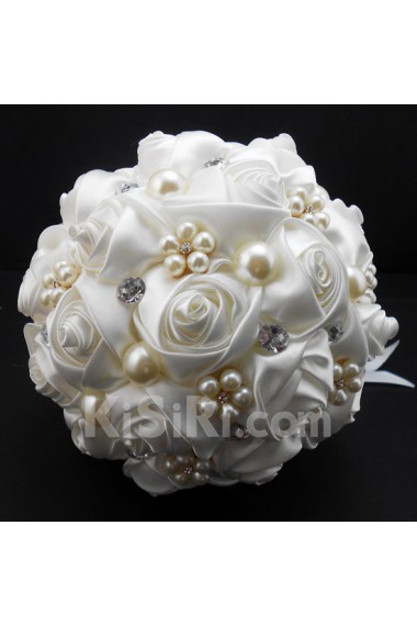 Round Shape Light White Satin Wedding Bridal Bouquet with Imitation Pearls and Rhinestone