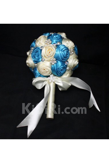 Round Shape Blue-Green and Light White Satin Wedding Bridal Bouquet with Imitation Pearls and Rhinestone