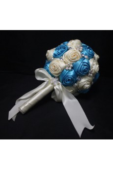 Round Shape Blue-Green and Light White Satin Wedding Bridal Bouquet with Imitation Pearls and Rhinestone