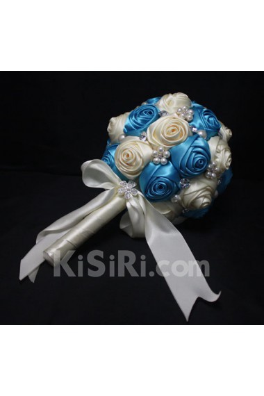 Round Shape Blue-Green and Light White Satin Wedding Bridal Bouquet with Imitation Pearls and Rhinestone