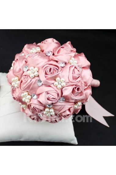 Round Shape Pink Satin Wedding Bridal Bouquet with Imitation Pearls and Rhinestone