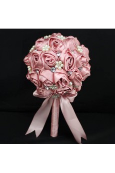 Round Shape Pink Satin Wedding Bridal Bouquet with Imitation Pearls and Rhinestone