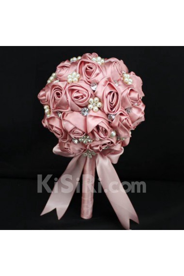 Round Shape Pink Satin Wedding Bridal Bouquet with Imitation Pearls and Rhinestone