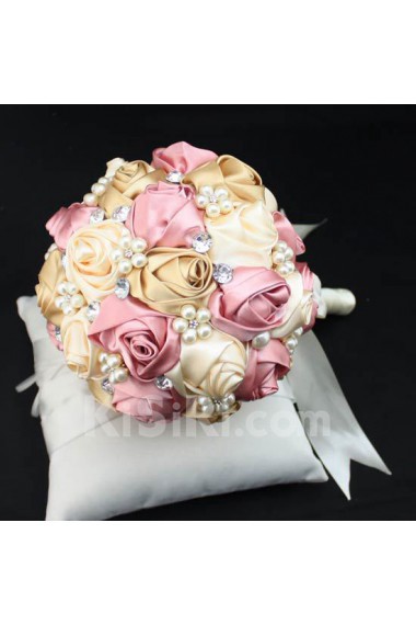 Round Shape Pink and Light White Satin Wedding Bridal Bouquet with Imitation Pearls and Rhinestone