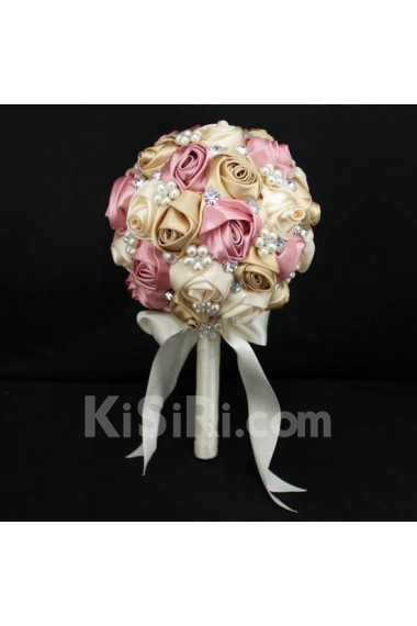 Round Shape Pink and Light White Satin Wedding Bridal Bouquet with Imitation Pearls and Rhinestone