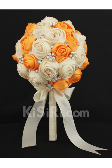 Round Shape Orange and Light White Satin Wedding Bridal Bouquet with Imitation Pearls and Rhinestone