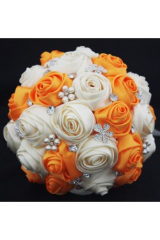 Round Shape Orange and Light White Satin Wedding Bridal Bouquet with Imitation Pearls and Rhinestone