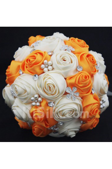 Round Shape Orange and Light White Satin Wedding Bridal Bouquet with Imitation Pearls and Rhinestone