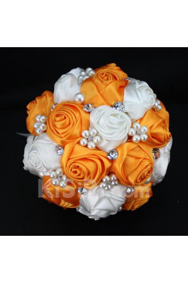 Round Shape Orange and Light White Satin Wedding Bridal Bouquet with Imitation Pearls and Rhinestone