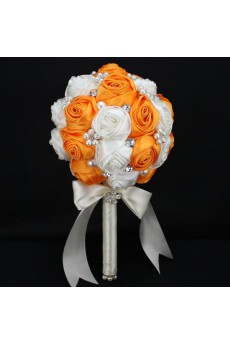 Round Shape Orange and Light White Satin Wedding Bridal Bouquet with Imitation Pearls and Rhinestone