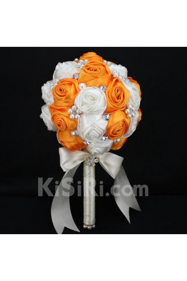 Round Shape Orange and Light White Satin Wedding Bridal Bouquet with Imitation Pearls and Rhinestone