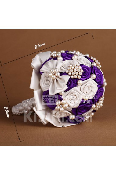 Round Shape Purple and Ivory Satin Wedding Bridal Bouquet with Imitation Pearls and Rhinestone