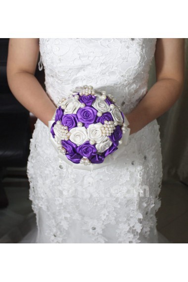 Round Shape Purple and Ivory Satin Wedding Bridal Bouquet with Imitation Pearls and Rhinestone