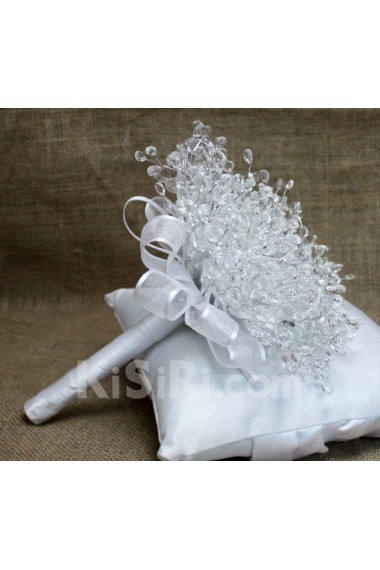 White Acrylic Crystal Wedding Bridal Bouquet with Satin Ribbons