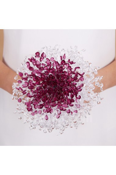 White and Purple Acrylic Crystal Wedding Bridal Bouquet with Satin Ribbons