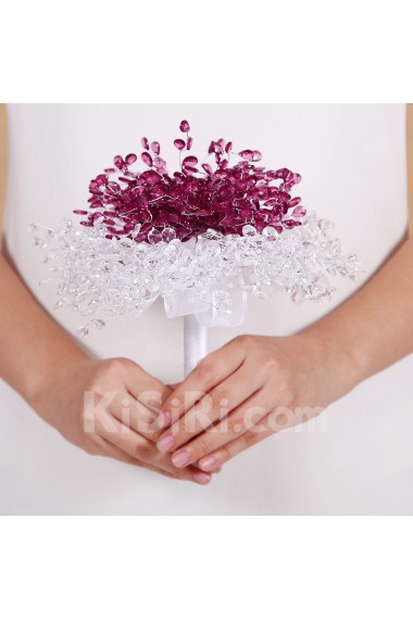 White and Purple Acrylic Crystal Wedding Bridal Bouquet with Satin Ribbons