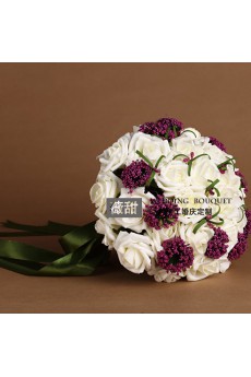 Burgundy and Light White Satin Wedding Bridal Bouquet