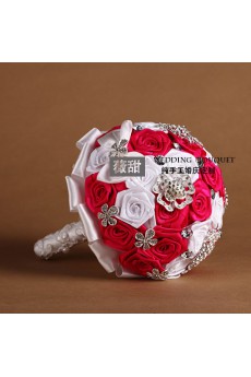 Round Shape Red and White Silk Wedding Bridal Bouquet with Rhinestone and Imitation Pearls