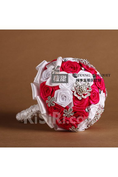 Round Shape Red and White Silk Wedding Bridal Bouquet with Rhinestone and Imitation Pearls