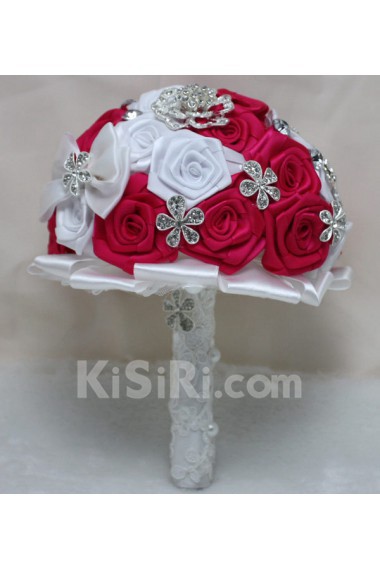 Round Shape Red and White Satin Flowers Wedding Bridal Bouquet with Rhinestone