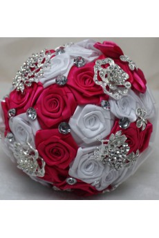 Round Shape Red and White Satin Flowers Wedding Bridal Bouquet with Rhinestone